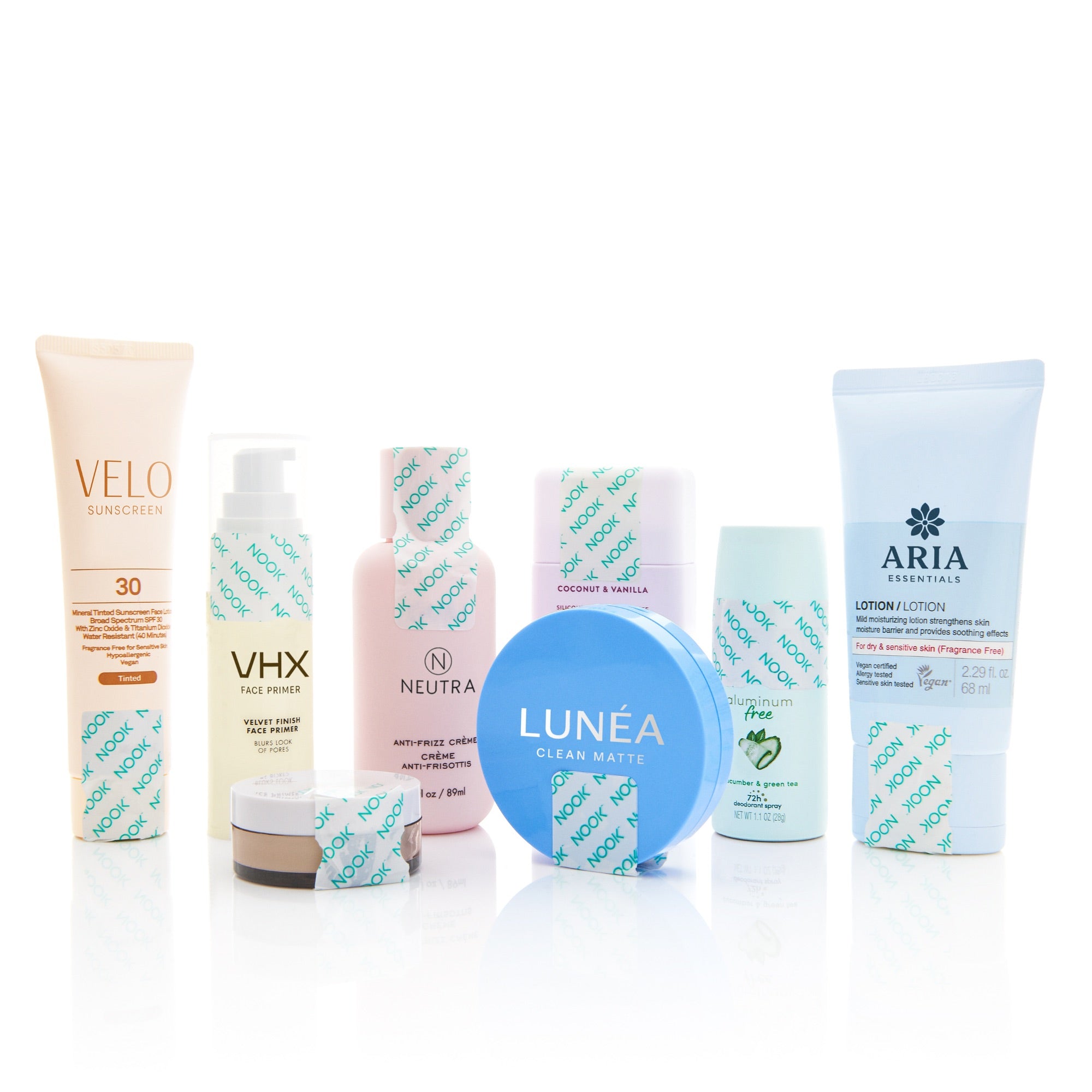 Shampoo, lotion and cosmetic bottles sealed with NOOK Toiletry Tape